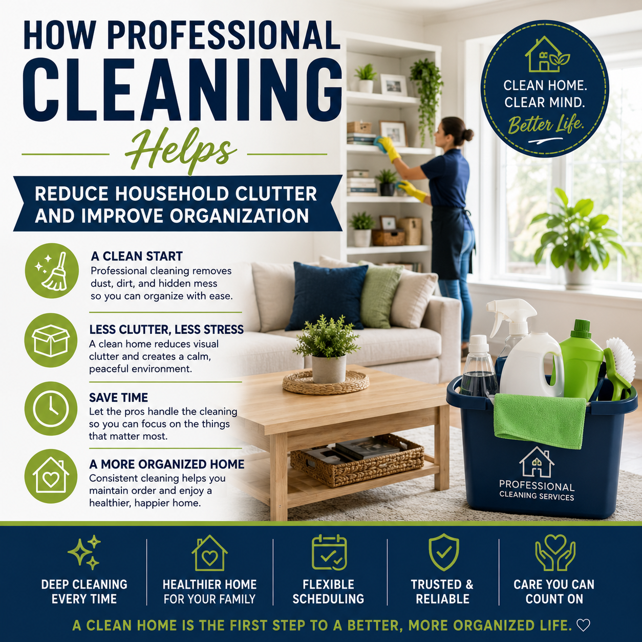 An image for the blog titled How Professional Cleaning Helps Reduce Household Clutter and Improve Organization